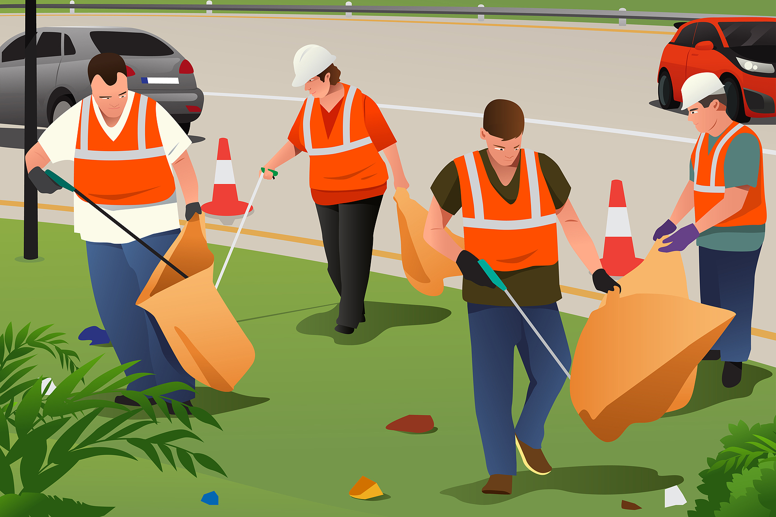 A vector illustration of community cleaning on the roadside