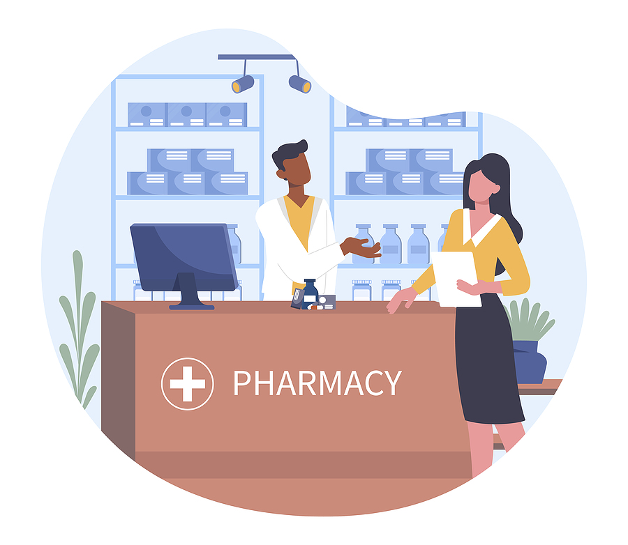 bigstock Woman In Pharmacy Store Girl 458290453